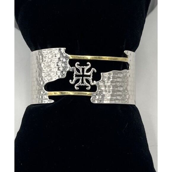 Rustic Cuff RC Logo Cutout Textured Silver Smooth Gold Bangle Open Cuff - Picture 1 of 12